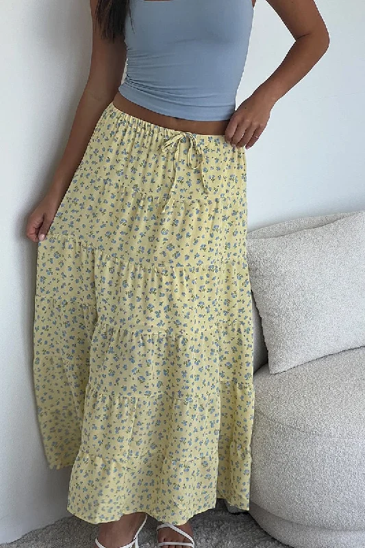 Pleated Long Skirts for Texture -Yellow Ditsy Maxi Skirt Tiered High Rise