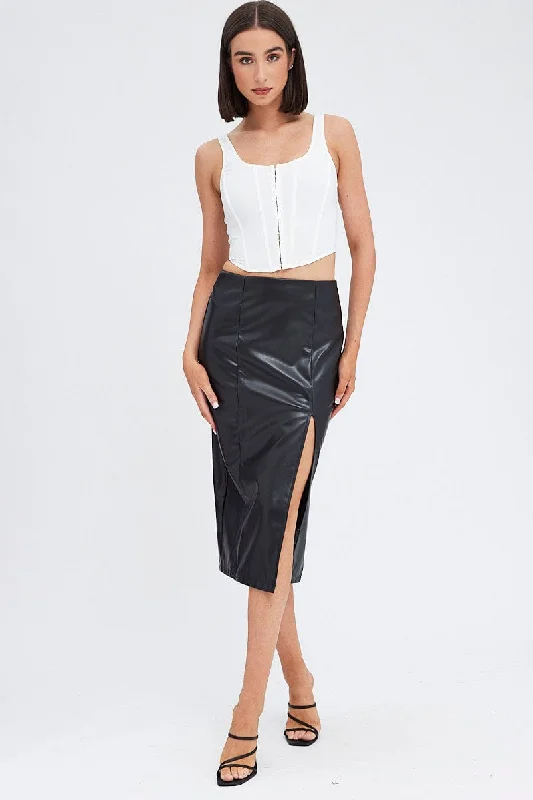 Floral Long Skirts for Romantic -Black Midi Skirt Front Split Faux Leather