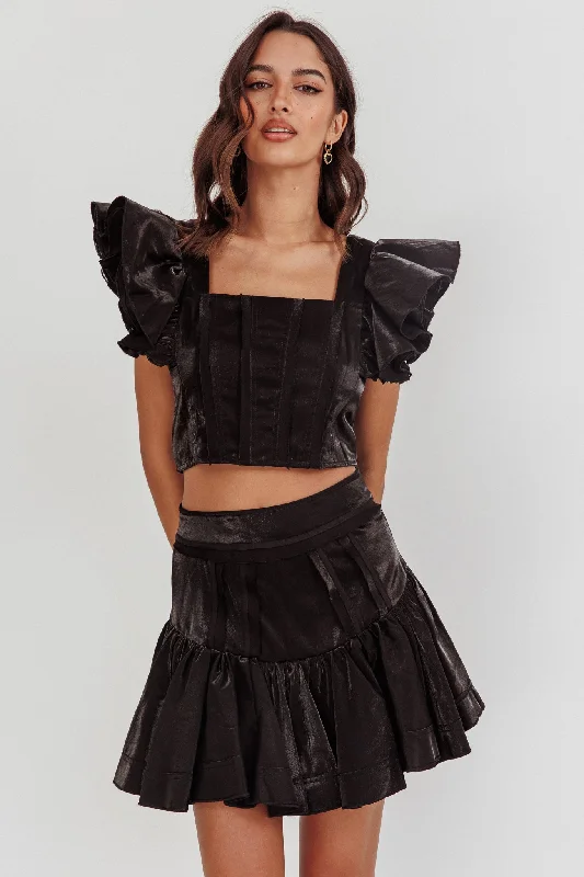 Patterned midi skirts for eye-catching style -Debutante Drop Yoke Ruffle Skirt Black