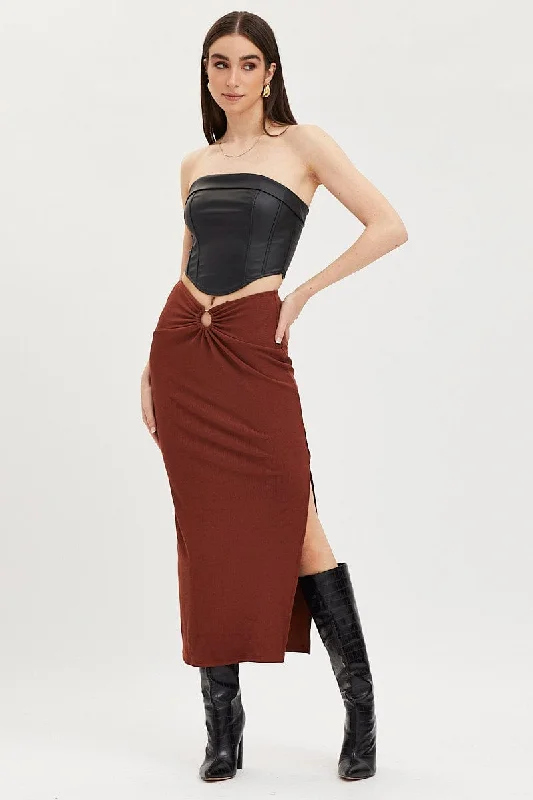 Long Skirts for Dinner Dates -Brown Maxi Skirt High Rise Ring Detial Rib Jersey