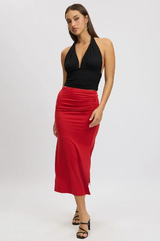 Layered Short Skirts for Fun -Red Midaxi Skirt High Rise Ruched Lined Supersoft