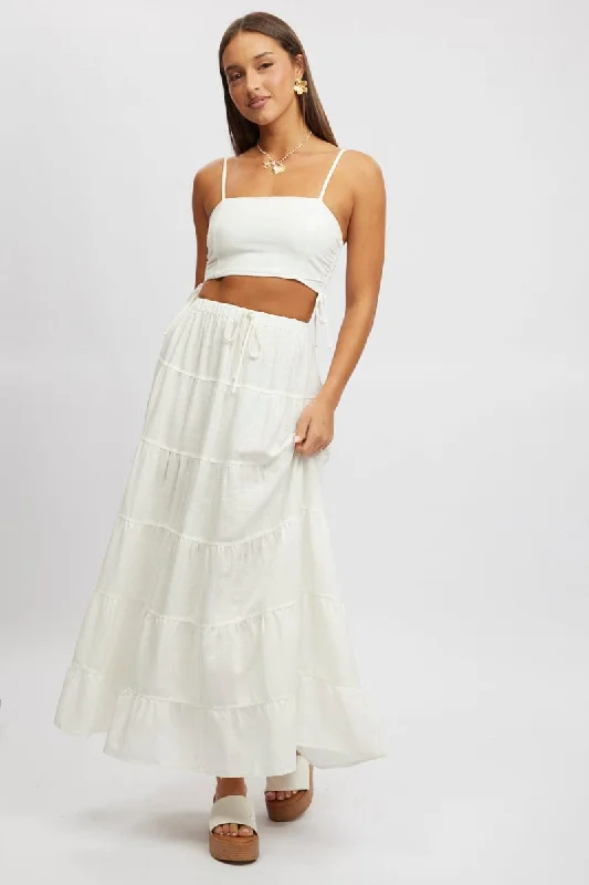 Flared Long Skirts for Drama -White Maxi Skirt Tiered High Rise