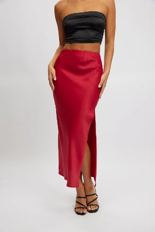 Flared Short Skirts for Flirty -Red Slip Skirt High Waist Front Split Midaxi Satin