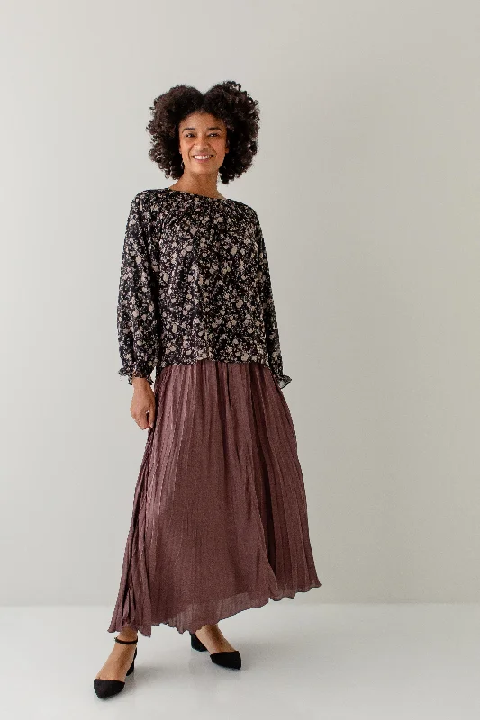 Vintage skirts with 70s-inspired designs -'Waltz' Pleated Satin Midi Skirt in Dusty Plum