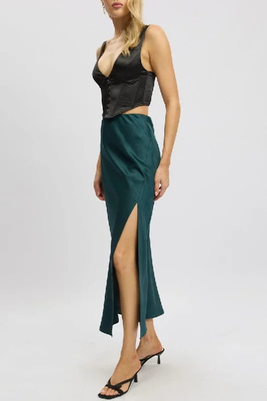 Spandex Long Skirts for Fit -Green Slip Skirt High Waist Front Split Midaxi Satin