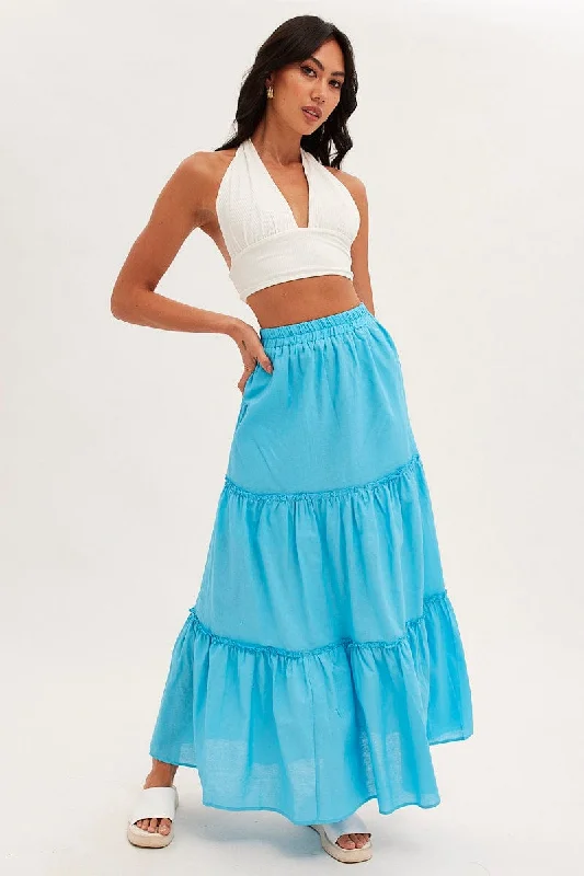 Maxi Long Skirts for Elegance -Blue Maxi Skirt Tiered