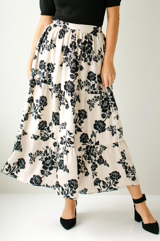 Trendy skirts with modern cutout designs -'Esmeralda' Satin Floral Print Midi Skirt