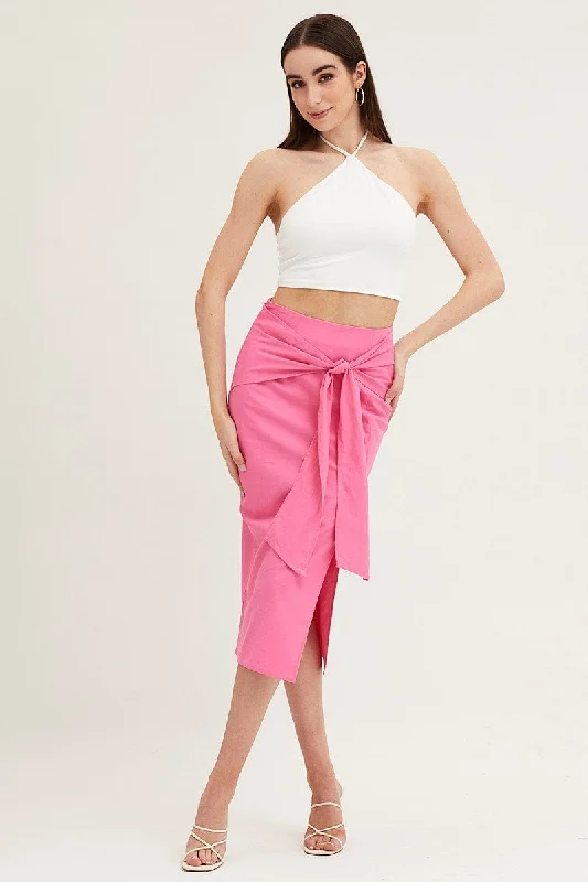 Long Skirts for Shopping Trips -Pink Front Tie Midi Skirt