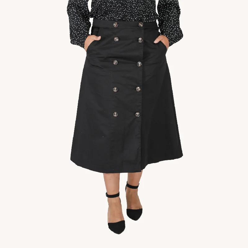 Ruffled midi skirts for delicate feminine touch -Black Button A-Line