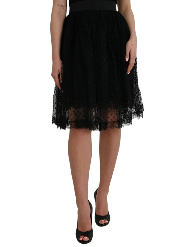 Nylon Long Skirts for Stretch -Dolce & Gabbana  Nylon Lace Trim High Waist A-line Women's Skirt