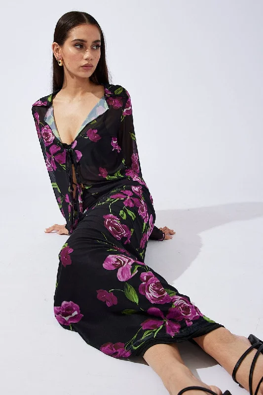 A-line Long Skirts for Flattering -Black Floral Maxi Skirt High Rise Mesh