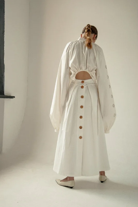 Long Skirts for Graduation -Wooden Buttons White Skirt