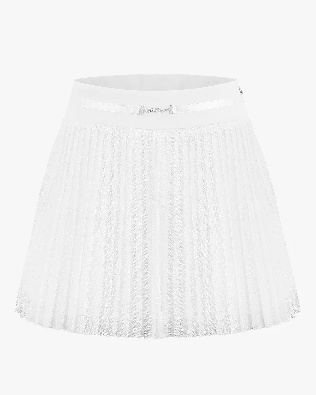 Affordable skirts with trendy slit details -Polka Dot Lace Pleated Skirt - White