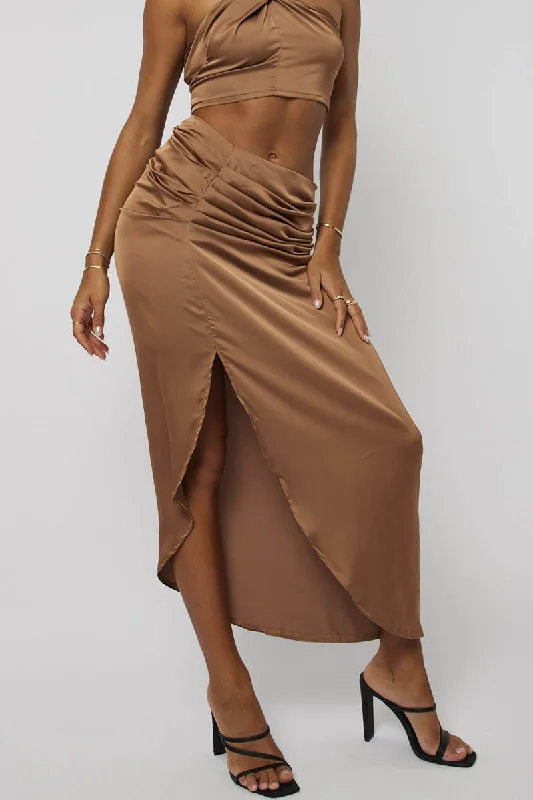 Long Skirts for Art Exhibitions -Brown Ruched Maxi Skirt Draped Satin Skirt