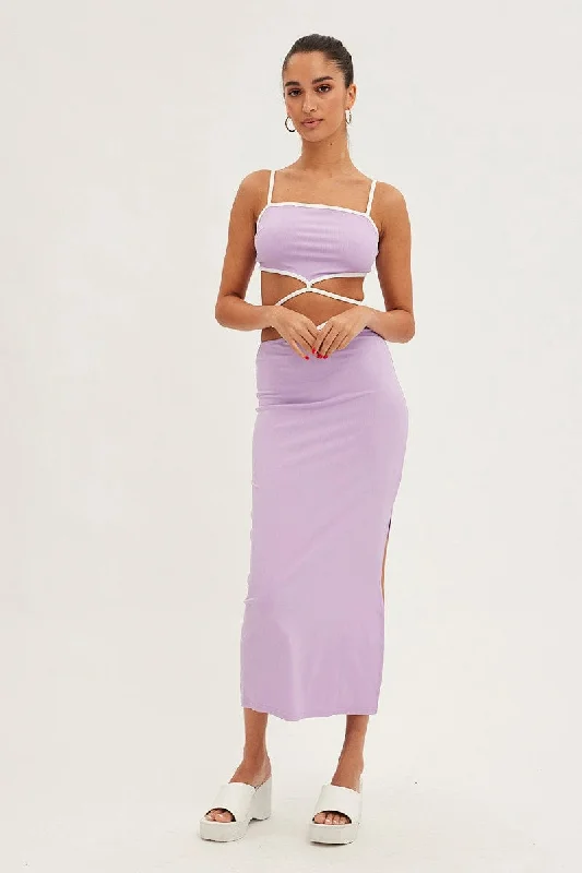 Celtic Long Skirts with Knotwork -Purple Midi Skirt Bodycon Tie Contrast Ribbed