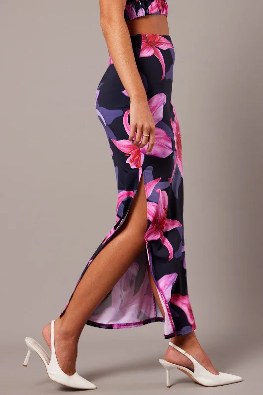 Pink Long Skirts for Feminine -Pink Floral Maxi Skirt Tube Side Split Skirt