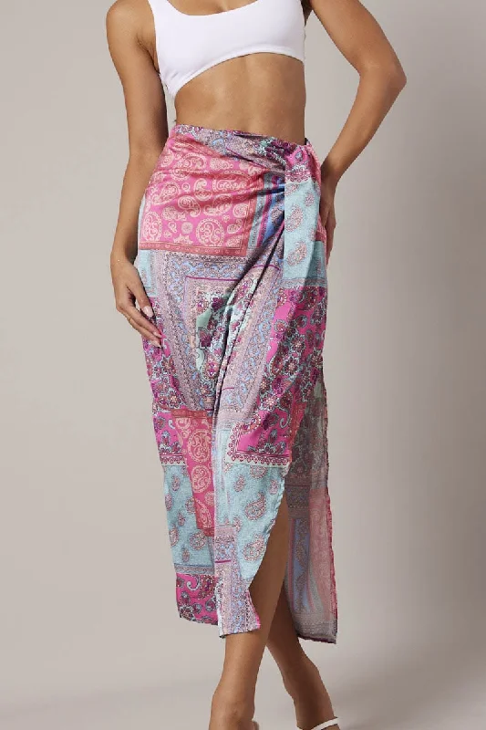 Abstract Long Skirts for Creative -Multi Paisley Scarf Maxi Skirt Gathered Wrap Paisley Satin Skirt