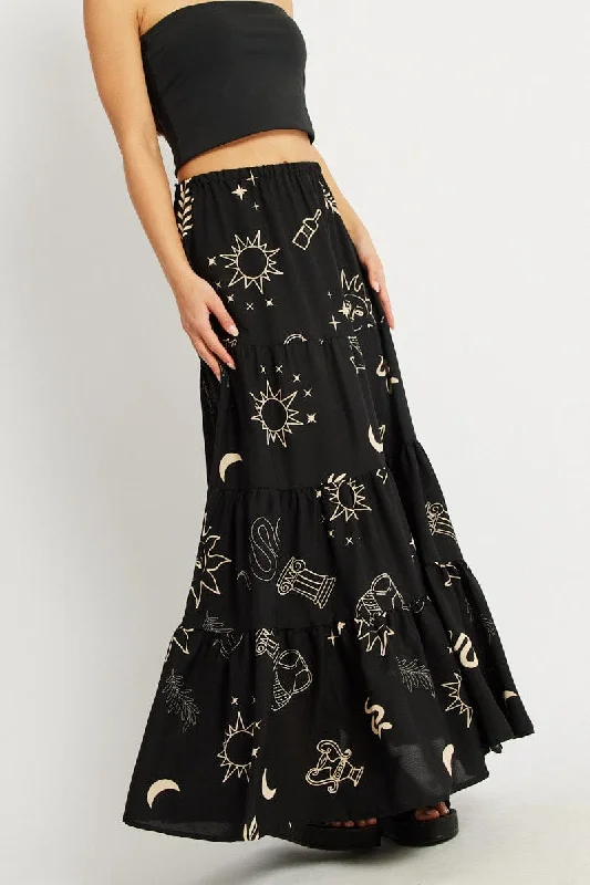 High-waisted Long Skirts for Shape -Black Abstract Maxi Skirt Tiered High Rise Elastic Waistband