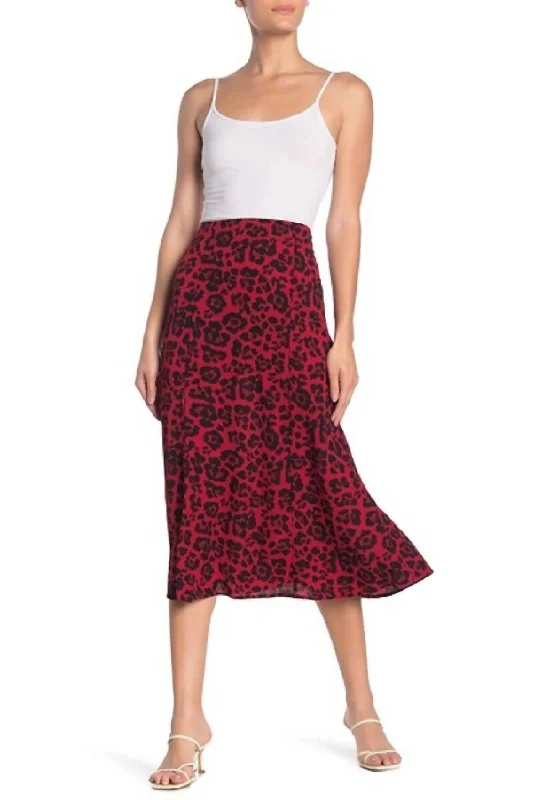 Maxi Long Skirts for Elegance -Animal Print Flare High Rise Crepe Midi Skirt In Red