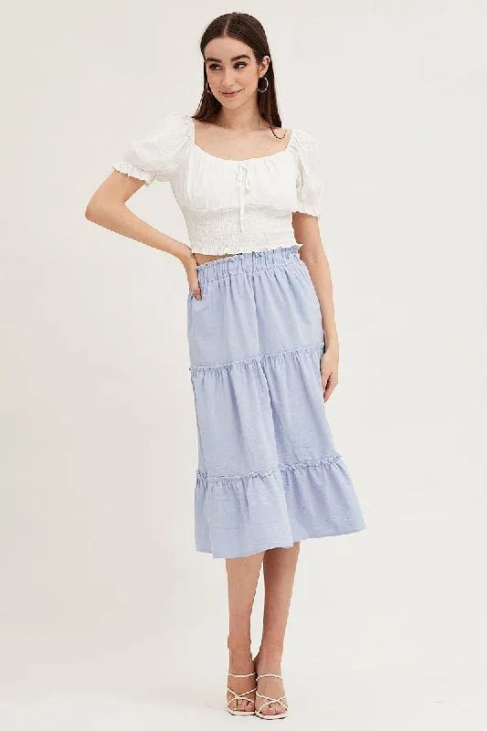 Pleated Long Skirts for Texture -Blue Tiered Midi Skirt