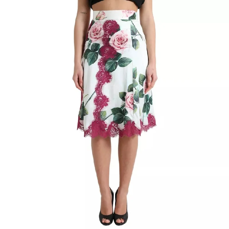 Denim Long Skirts for Casual -Dolce & Gabbana  Rose Print High Waist Midi A-line Women's Skirt (Pre-Owned)