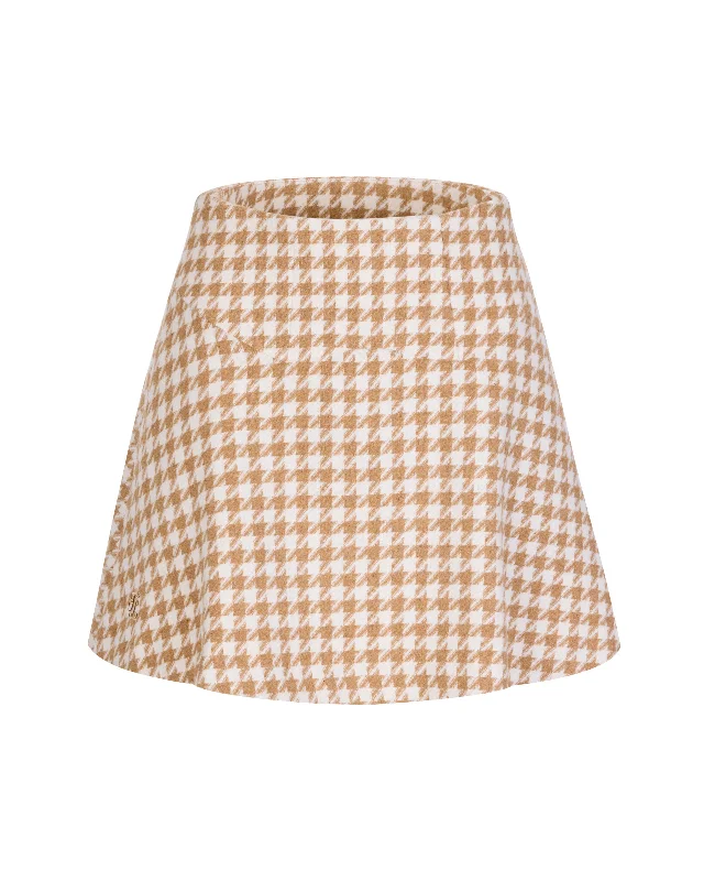 Bold skirts with bright color pops -Houndstooth checkered flare skirt - Beige