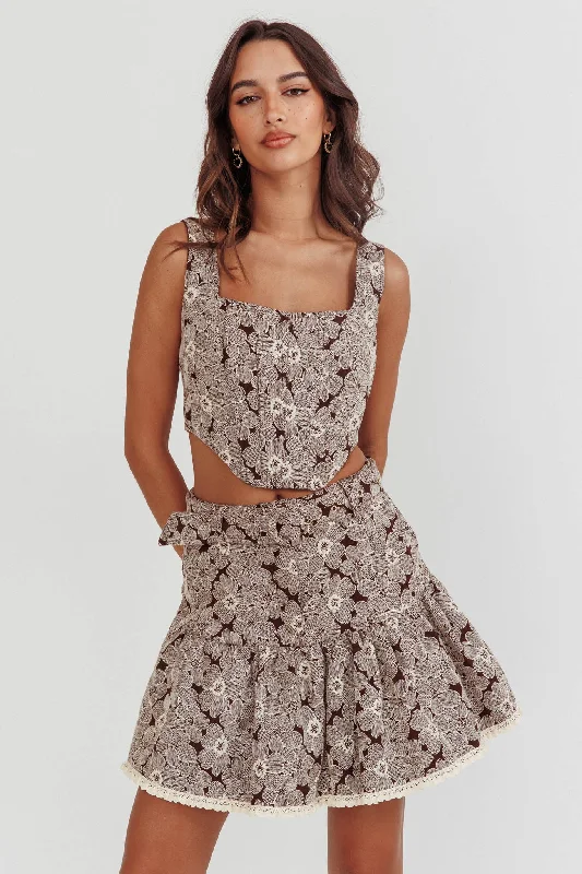 Luxury maxi skirts for dramatic flair -Southern Belles Belted Waist Mini Skirt Floral Brown