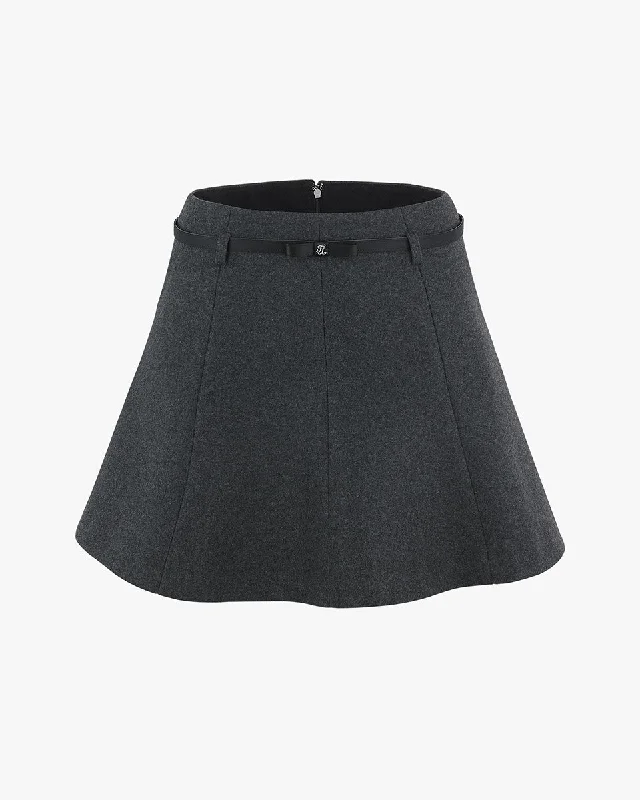 Cute denim skirts for youthful cool -Ribbon Belt Flare Wool Skirt - Grey