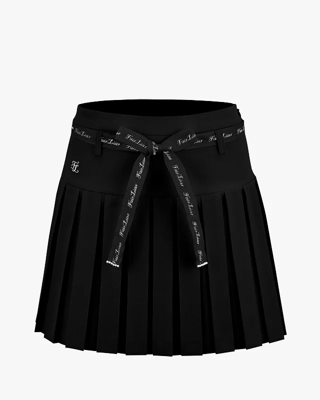 Casual skirts for relaxed weekend lounging -Ribbon Belt High Waist Double Pleated Skirt - Black