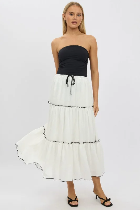 Silk Long Skirts for Luxurious -White Tiered Maxi Skirt