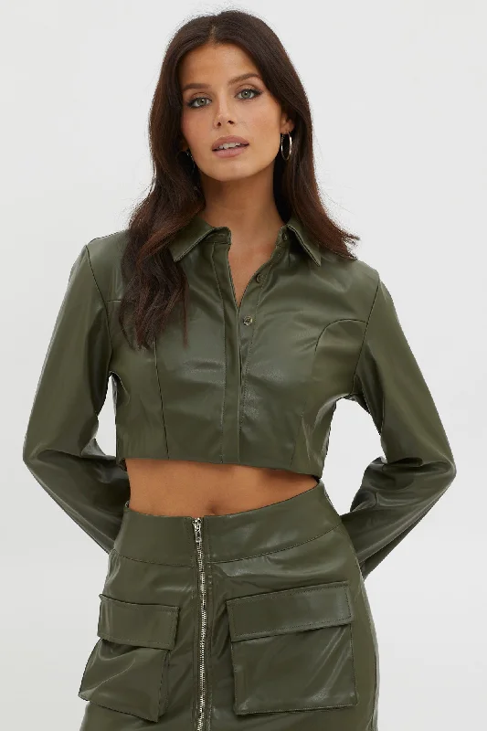 Durable skirts for long-lasting wardrobe staples -Fallen Angel Faux Leather Crop Top Olive