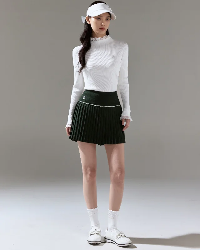 Casual skirts for effortless everyday wear -[FL Signature] Pearl & Bead Flare Pleated Skirt - Dark Green