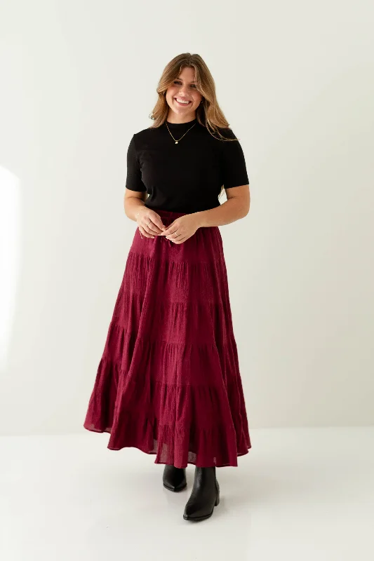 High-waisted denim skirts for cool lift -'Illyana' Textured Tiered Maxi Skirt in Maroon