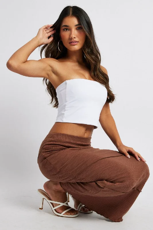 Long Skirts for Business Meeting -Brown Midi Skirt Bodycon High Rise Rib Jersey