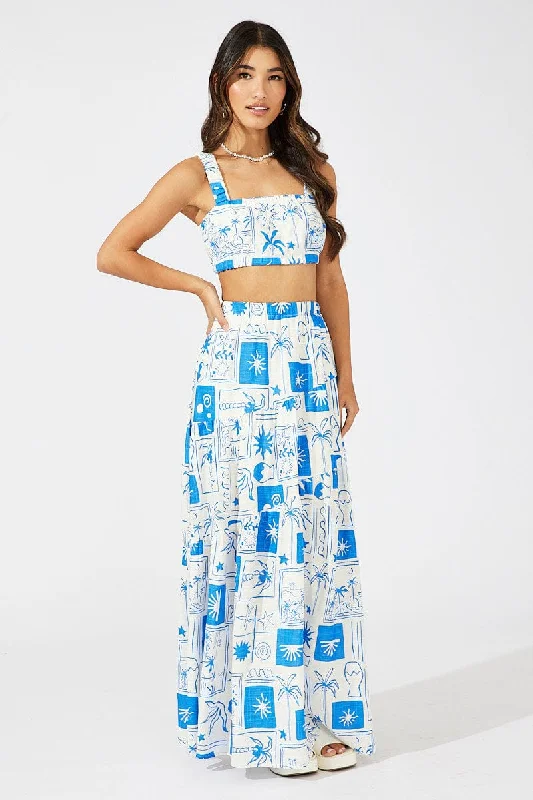 Flared Long Skirts for Drama -Blue Asymmetric Tiered Maxi Skirt