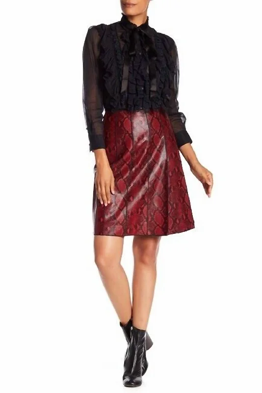 Spandex Long Skirts for Fit -Leather Snake Embossed Pleated Skirt In Red/black