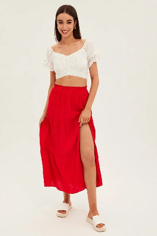 Straight Long Skirts for Classic -Red Maxi Skirt High Waist Split Tiered