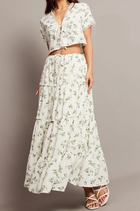 Black Short Skirts for Versatile -Green Floral Maxi Skirt Tiered High Rise Elastic Waistband