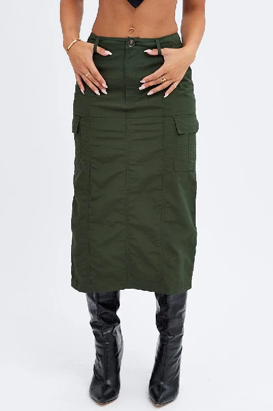 Punk Long Skirts with Spikes -Green Cargo Skirt High Rise