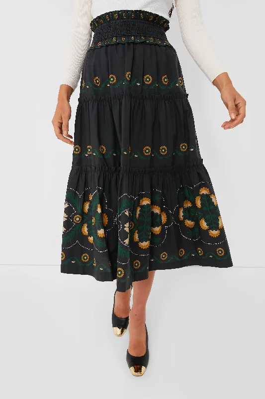 A-line midi skirts for balanced style -Black Perle Print Tiered Skirt