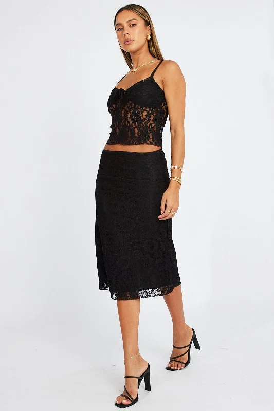 Long Skirts for Graduation -Black Lace Skirt High Rise