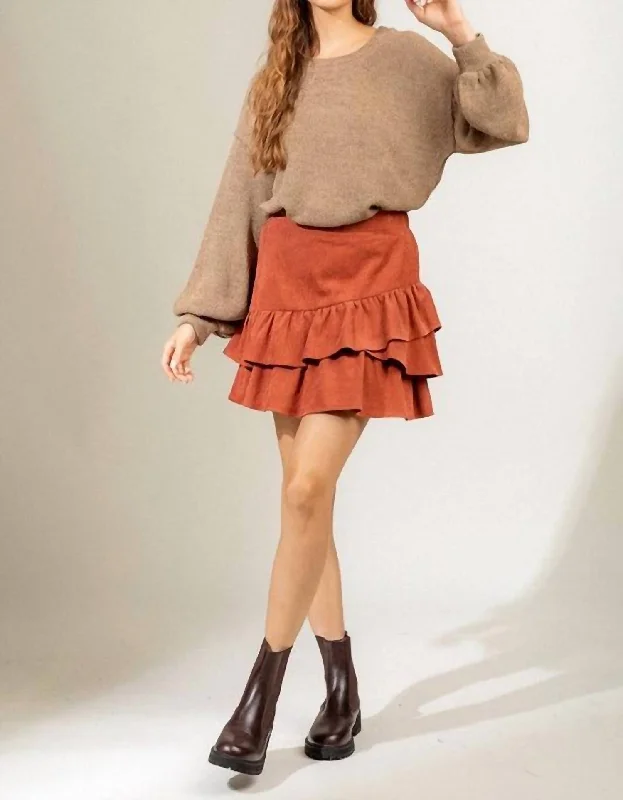 Wool Short Skirts for Warmth -Corduroy Ruffle Skirt In Rust