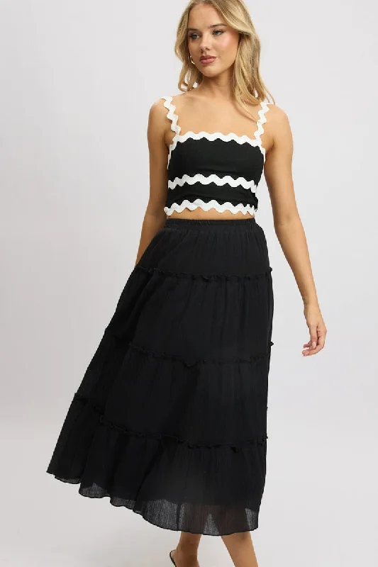 Bermuda Short Skirts for Casual -Black Midi Skirt Tiered High Rise Lined