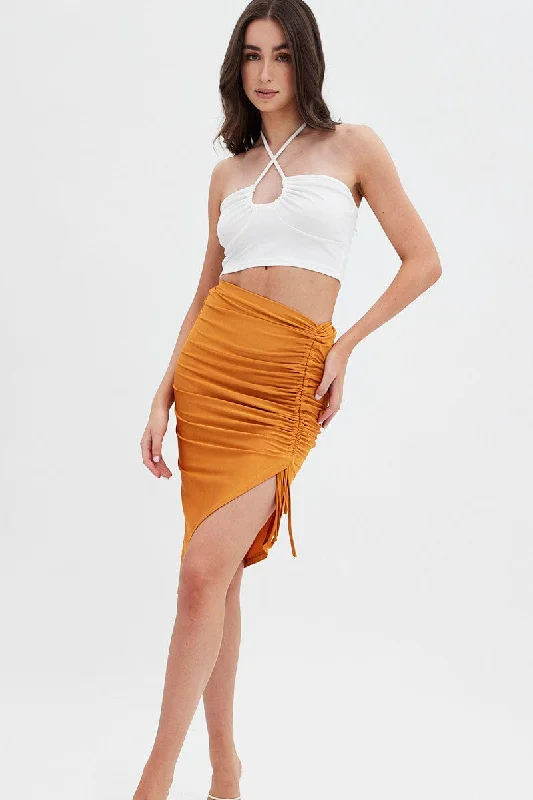 Long Skirts for Beach Vacations -Beige Ruched Midi Skirt