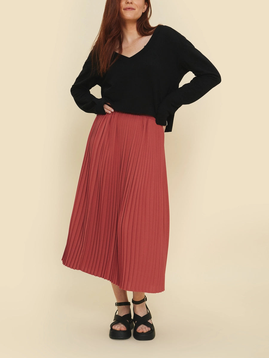 Low-waisted Short Skirts for Relaxed -Hazel Terracotta Pleated Skirt