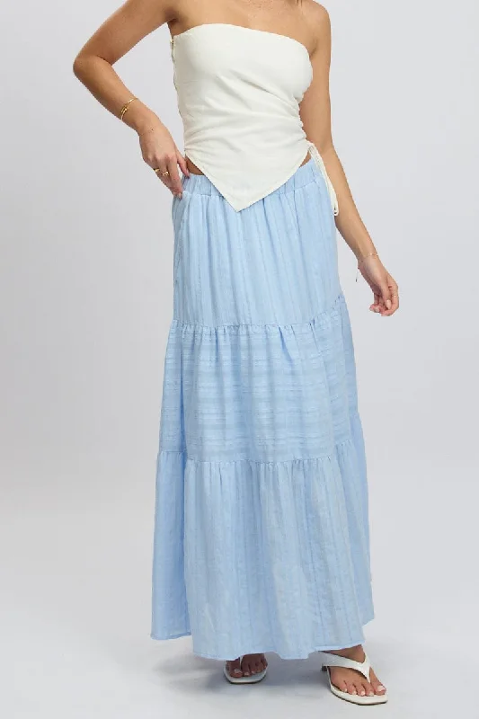 High-waisted Short Skirts for Shape -Blue Tiered Maxi Skirt High Rise Elastic Waist Lined