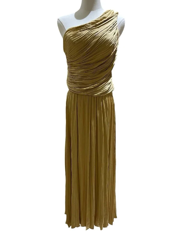 Midi Long Skirts for Versatility -One Shoulder Smocked Top And Pleated Midi Skirt Set In Gold