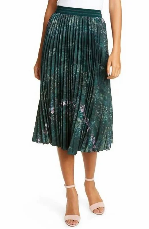 Gothic Long Skirts with Dark Tone -Midi Pleated Floral Print Skirt In Green