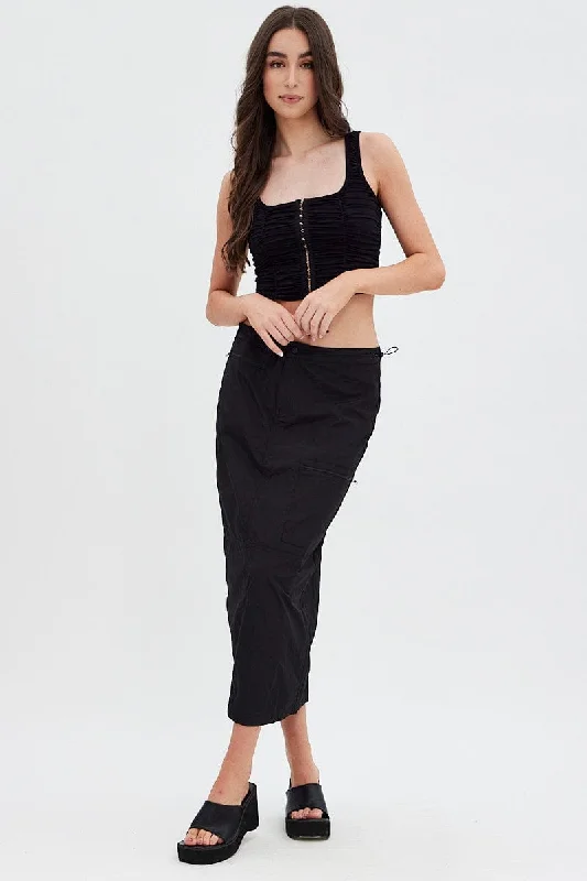 Spandex Long Skirts for Fit -Black Parachute Skirt Cargo Mid Rise