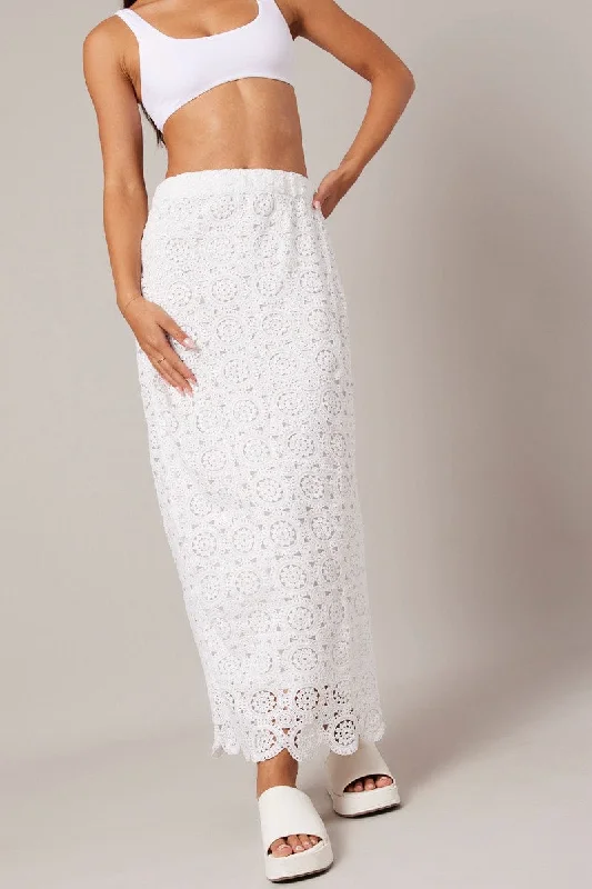 Gothic Long Skirts with Dark Tone -White Midi Skirt High Rise Lace